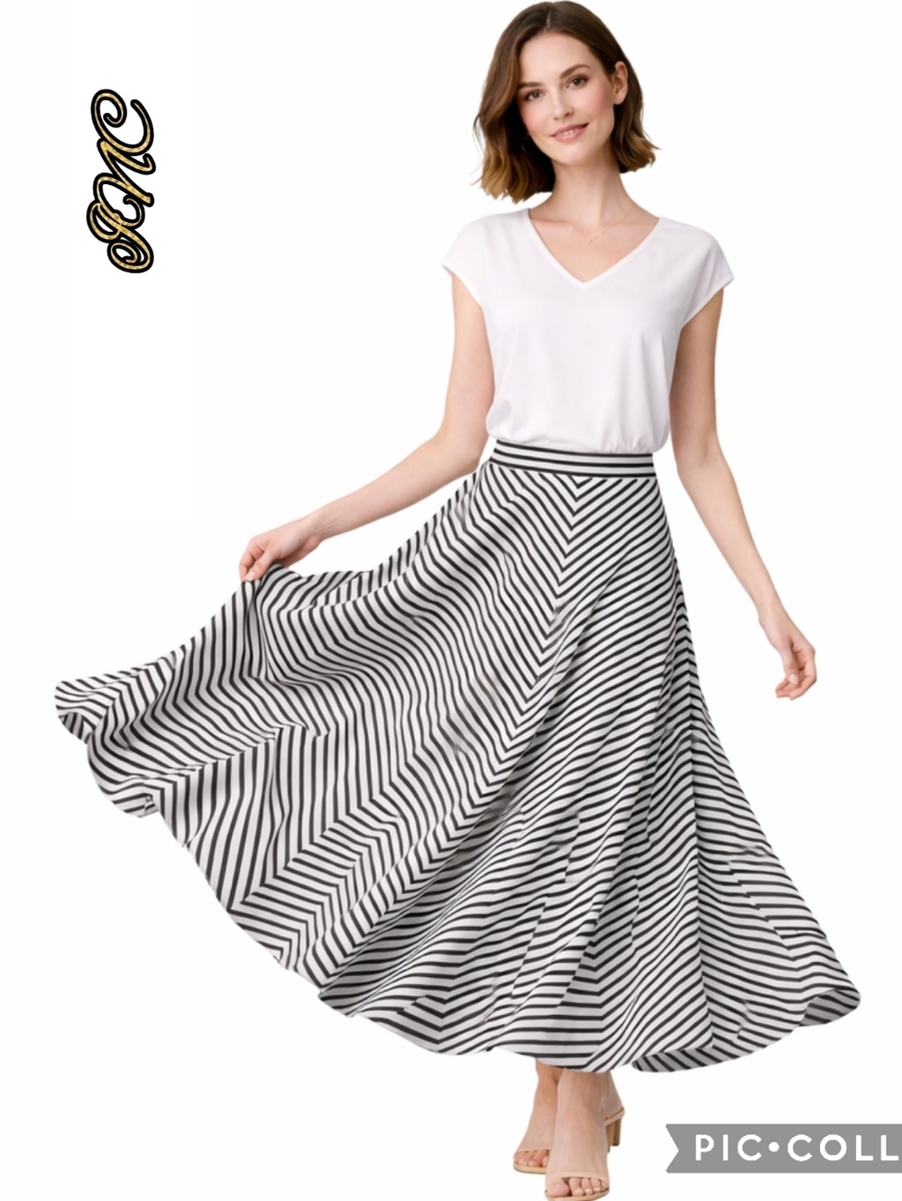 INC skirt maxi length black white silver sparkle diagonal stripes stretch waist